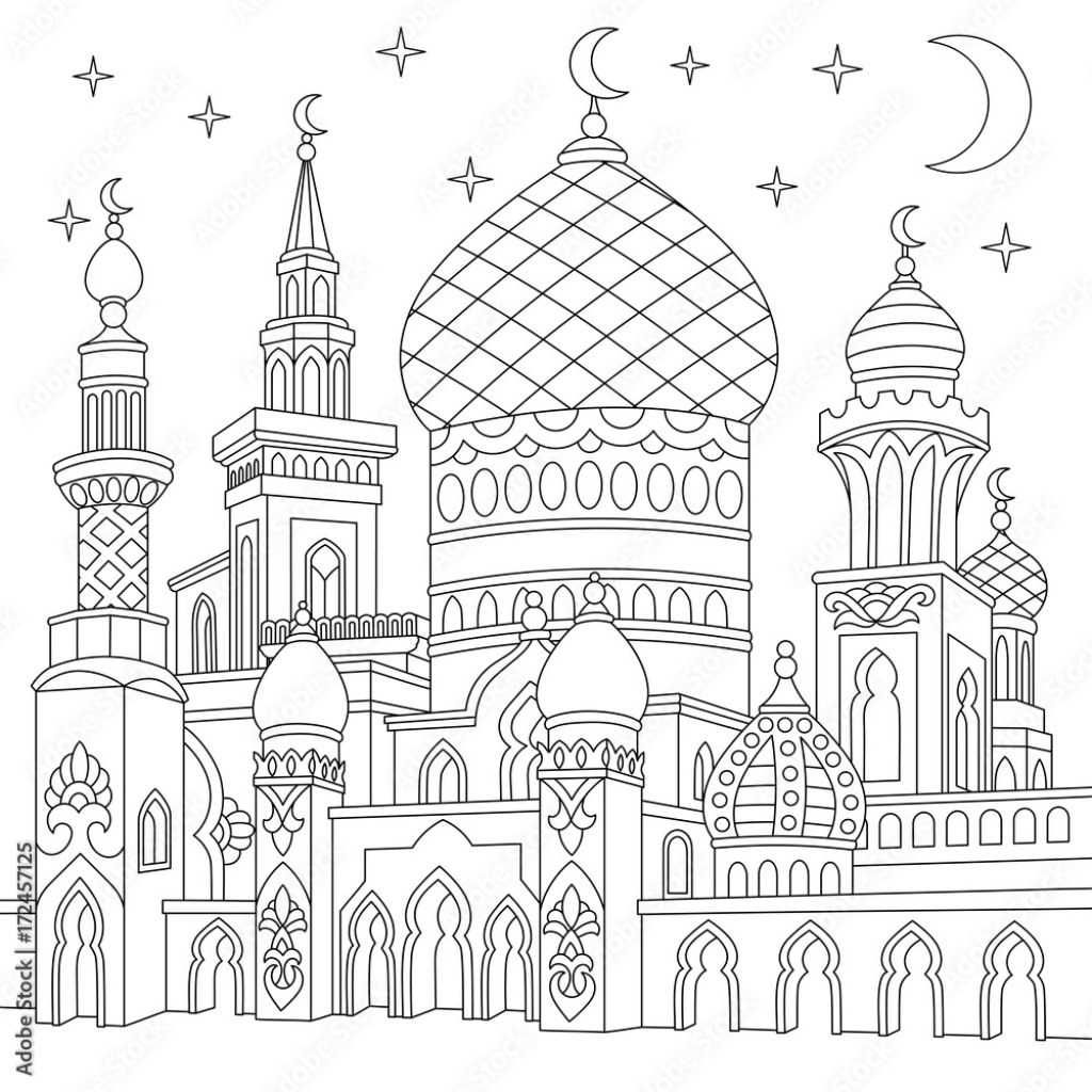 Picture of: Coloring page of turkish mosque, crescent moons, twinkling stars