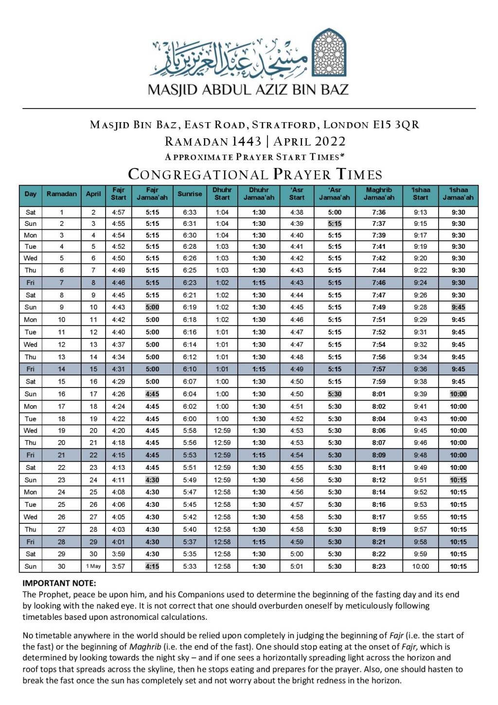 Picture of: Ramadan  Prayer Timetable  Masjid Abdul Aziz Bin Baz